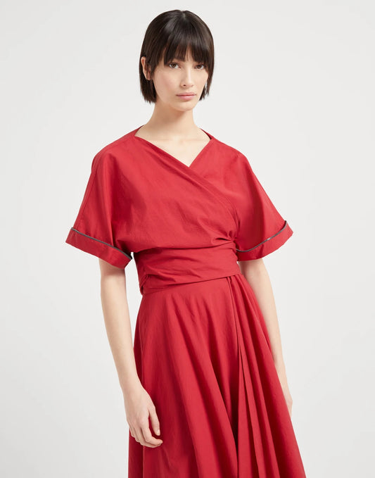 Techno cotton poplin kimono-style top with shiny trims