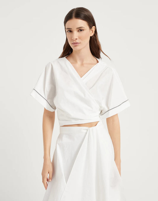 Techno cotton poplin kimono-style top with shiny trims