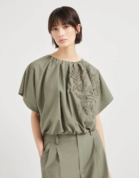 Techno cotton poplin blouse with flora appliqué