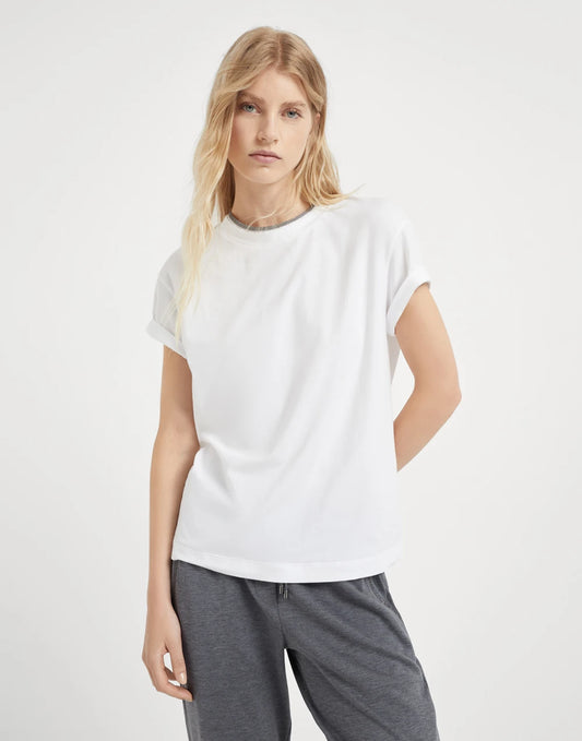 Stretch cotton jersey T-shirt with precious faux-layering