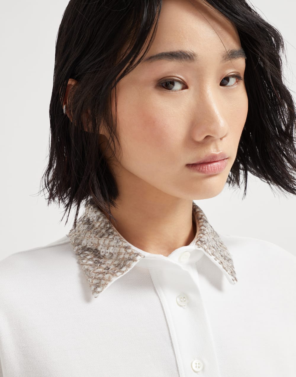 Cotton jersey polo shirt with dazzling net embroidery collar