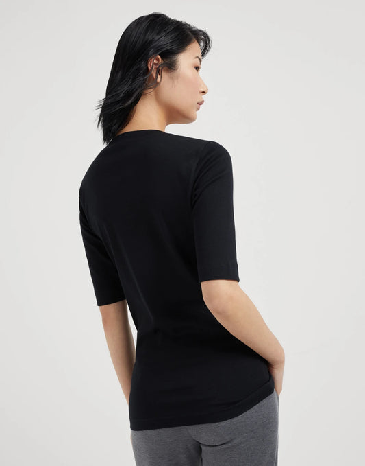 Stretch cotton ribbed jersey T-shirt with precious insert