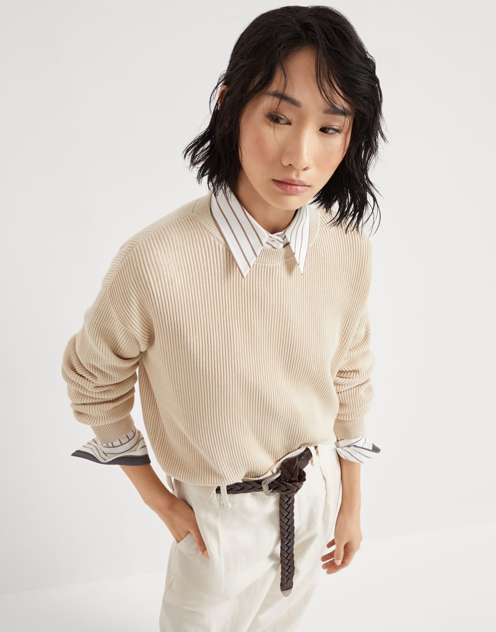 Cotton English rib sweater with monili