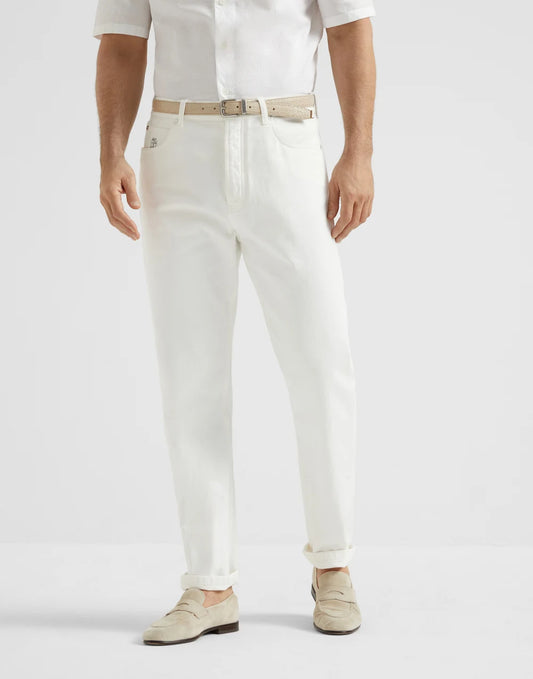 Garment-dyed iconic fit five-pocket trousers in denim