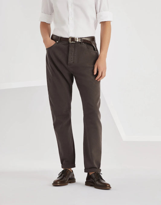 Garment-dyed leisure fit five-pocket trousers in denim