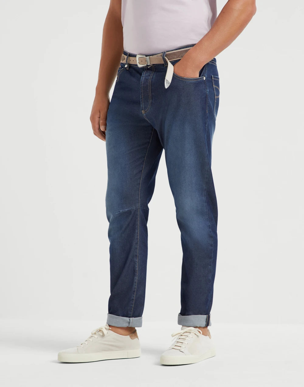 Comfort cotton and silk denim leisure fit five-pocket trousers