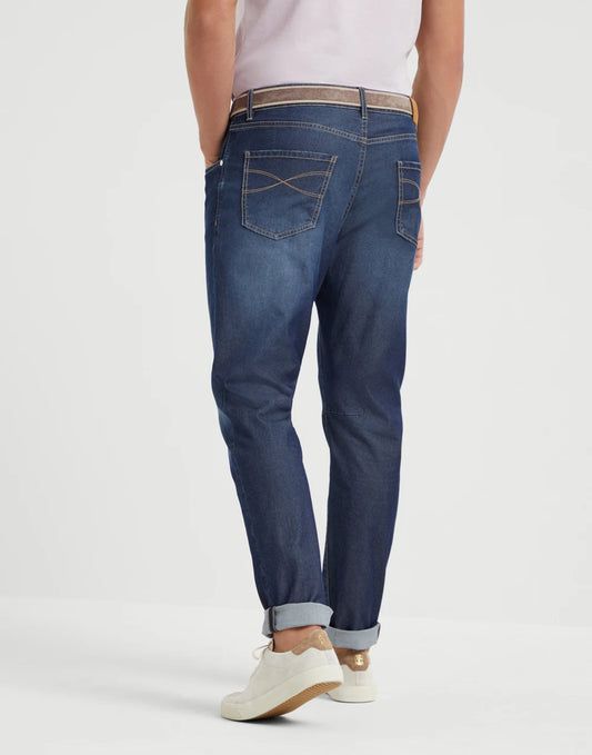 Comfort cotton and silk denim leisure fit five-pocket trousers