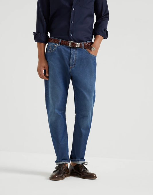 Comfort cotton and silk denim leisure fit five-pocket trousers