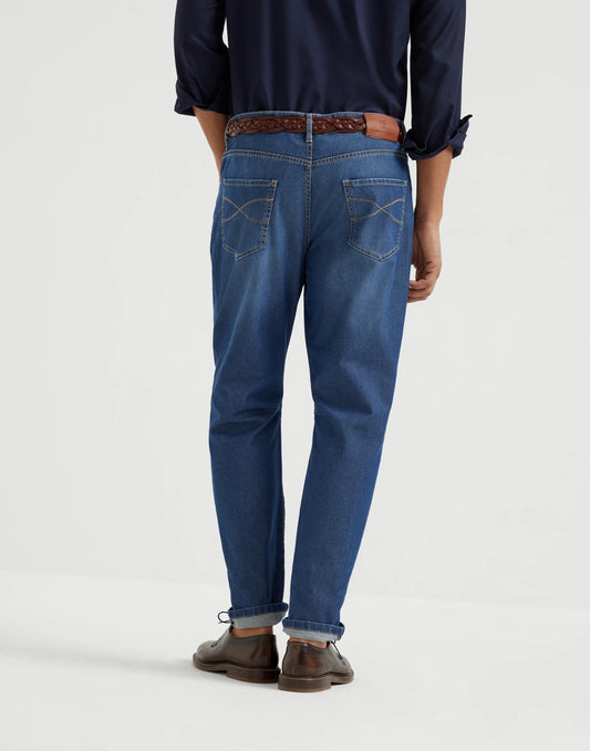 Comfort cotton and silk denim leisure fit five-pocket trousers
