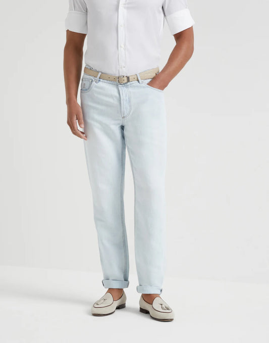 Cotton and linen denim traditional fit five-pocket trousers