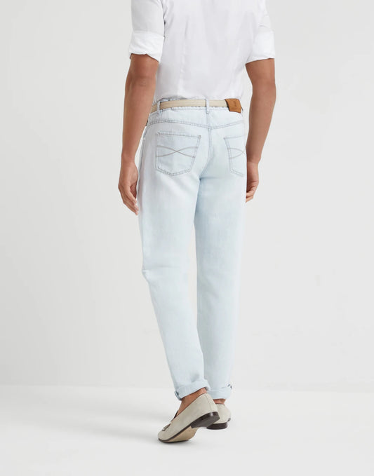 Cotton and linen denim traditional fit five-pocket trousers