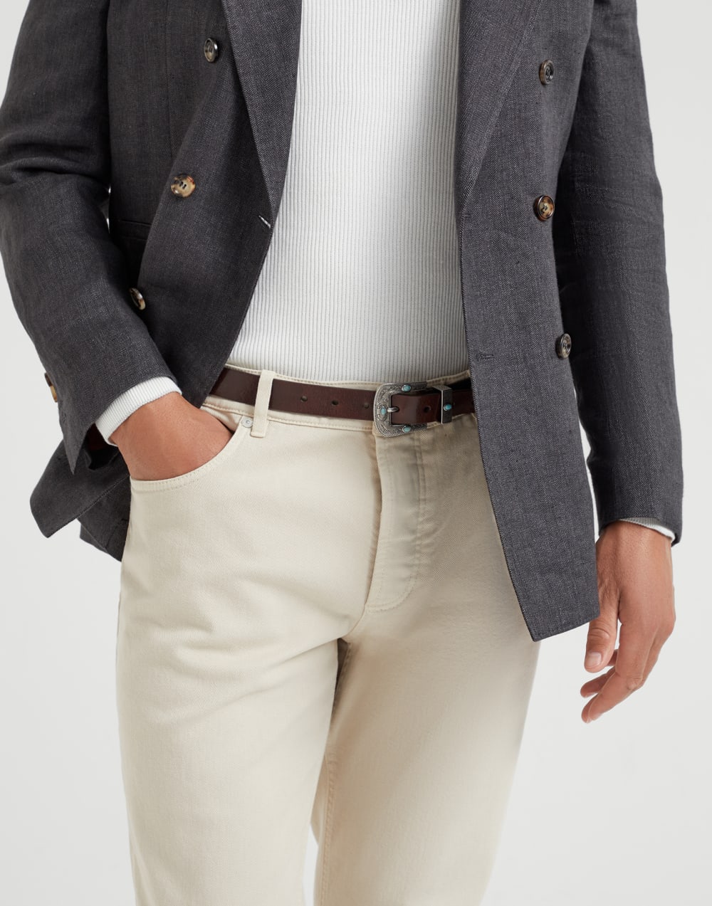 Garment-dyed comfort lightweight denim traditional fit five-pocket trousers
