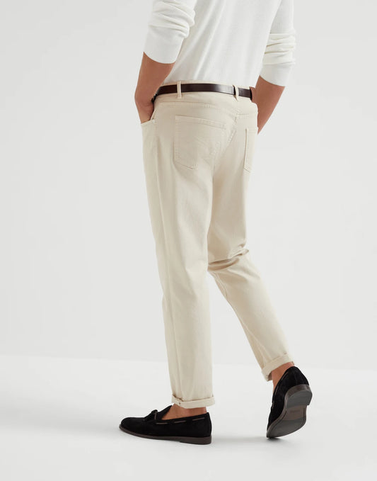 Garment-dyed comfort lightweight denim traditional fit five-pocket trousers