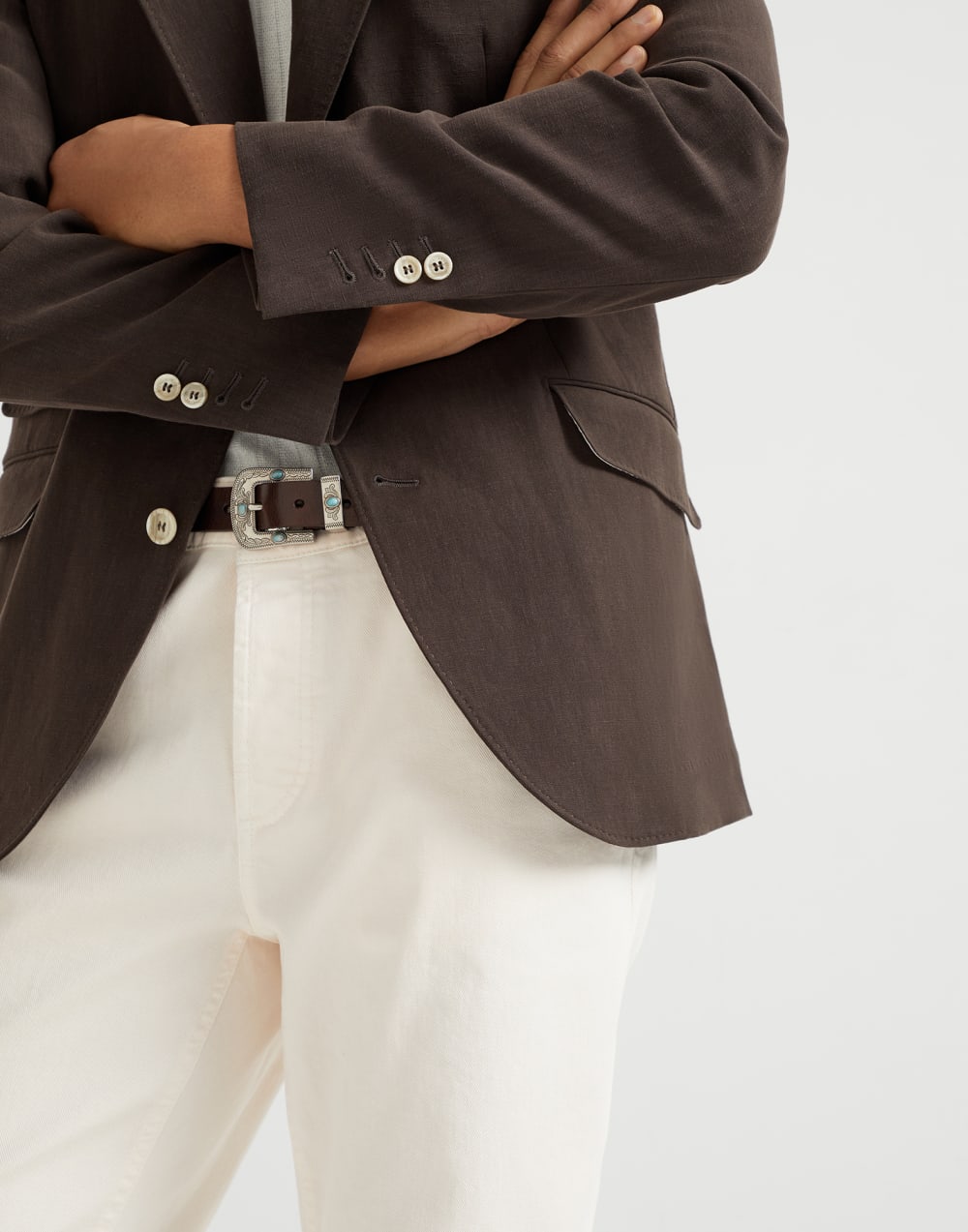 Garment-dyed comfort lightweight denim traditional fit five-pocket trousers
