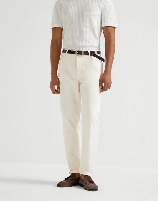 Garment-dyed comfort lightweight denim traditional fit five-pocket trousers