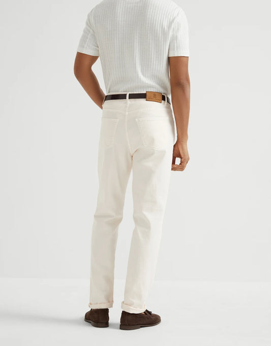 Garment-dyed comfort lightweight denim traditional fit five-pocket trousers