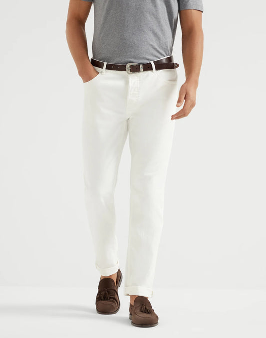 Garment-dyed comfort lightweight denim traditional fit five-pocket trousers