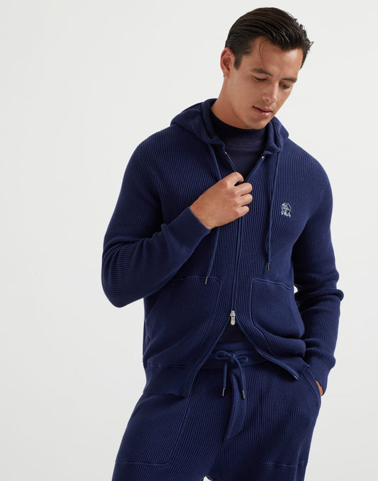 Cotton English rib knit hooded sweatshirt with logo and zipper