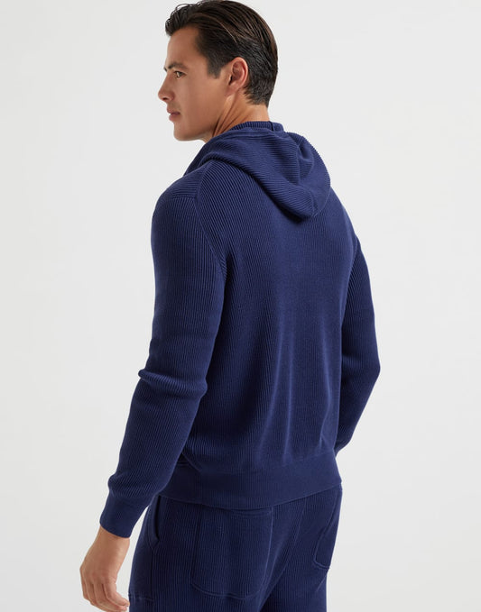Cotton English rib knit hooded sweatshirt with logo and zipper