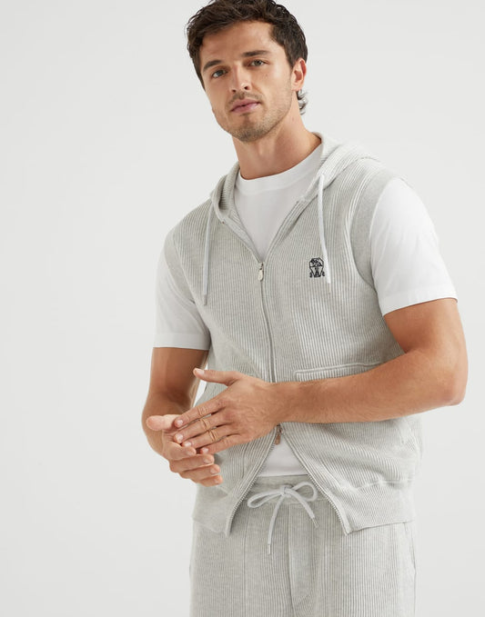 Cotton English rib knit hooded vest with logo and zipper