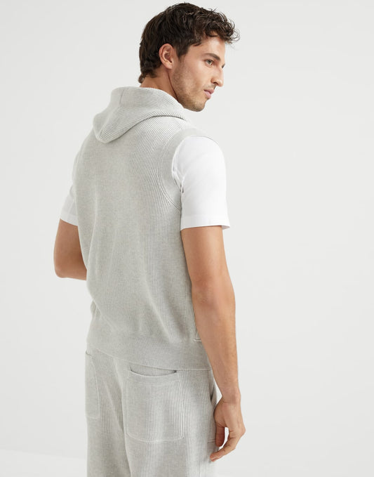 Cotton English rib knit hooded vest with logo and zipper