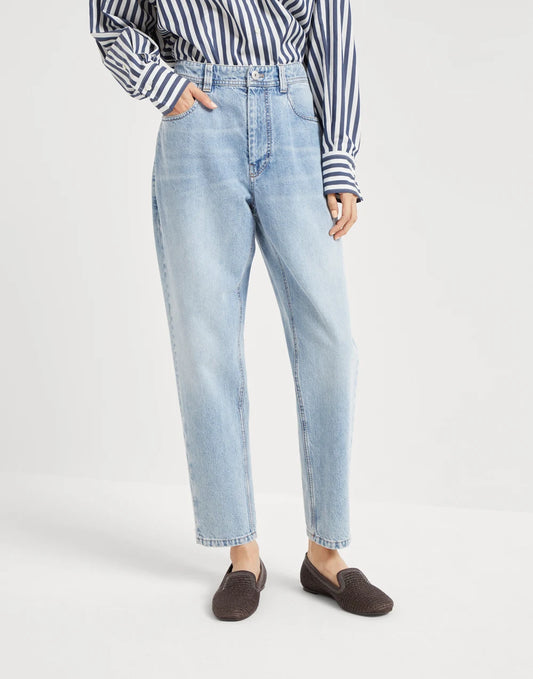 Authentic denim baggy tapered trousers with monili