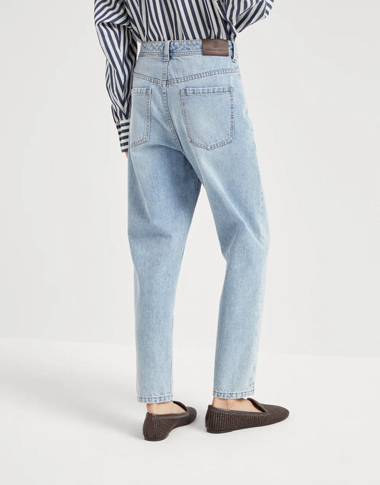 Authentic denim baggy tapered trousers with monili