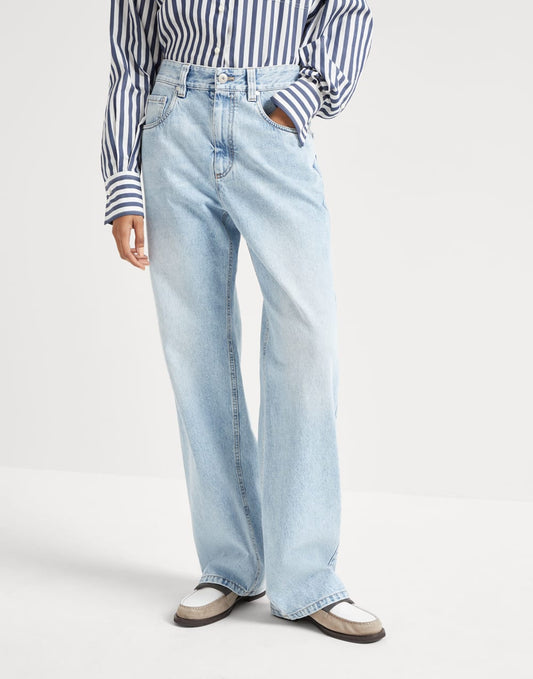 Authentic denim contemporary loose trousers with monili