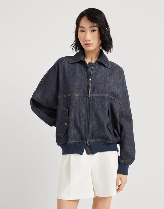 Denim-effect twill bomber jacket with shiny zipper pull