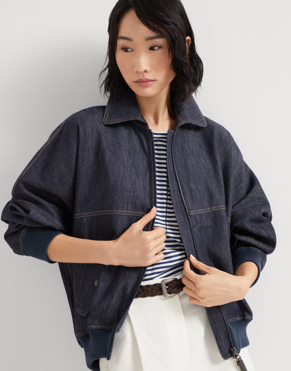 Denim-effect twill bomber jacket with shiny zipper pull