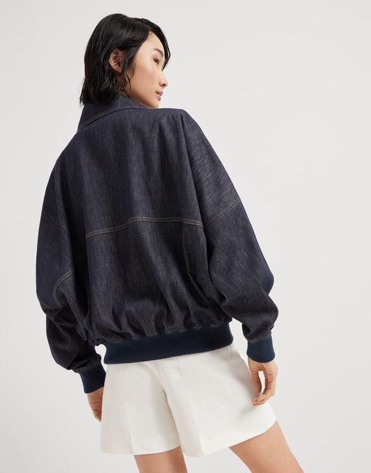 Denim-effect twill bomber jacket with shiny zipper pull