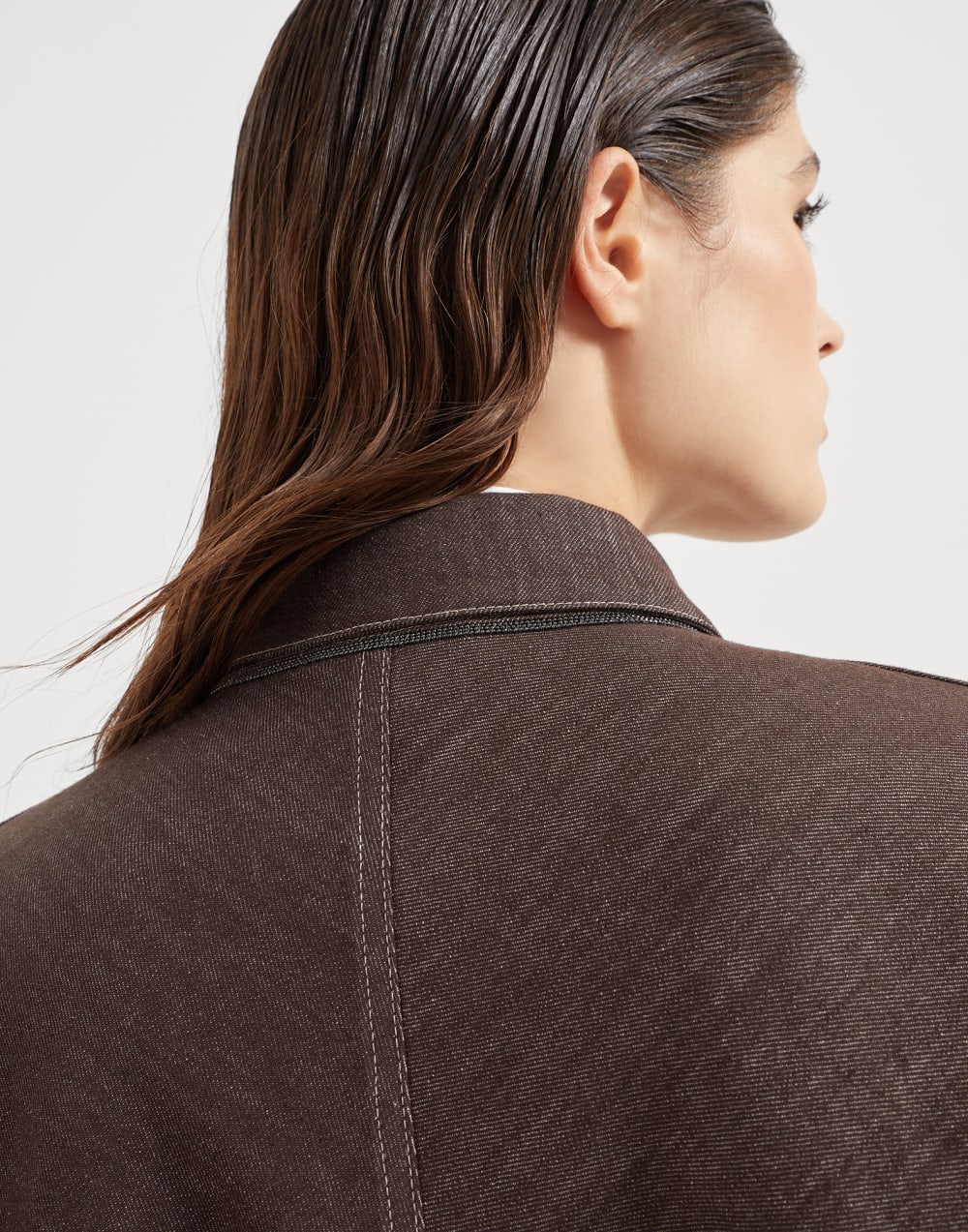 Denim-effect twill outerwear jacket with monili