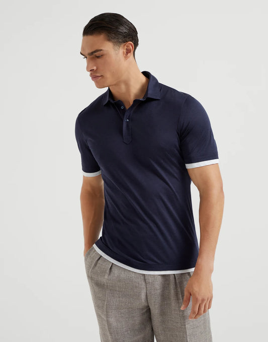 Silk and cotton jersey shirt-style collar polo with faux-layering