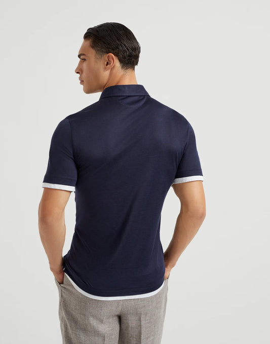 Silk and cotton jersey shirt-style collar polo with faux-layering