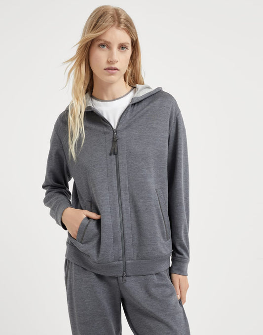 Cotton and silk interlock hooded sweatshirt with precious zipper pull