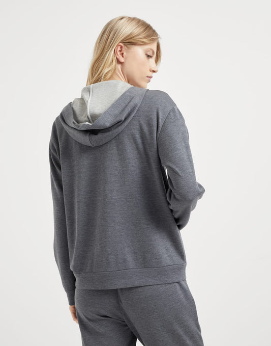Cotton and silk interlock hooded sweatshirt with precious zipper pull