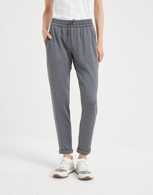 Cotton and silk interlock trousers with shiny pocket detail