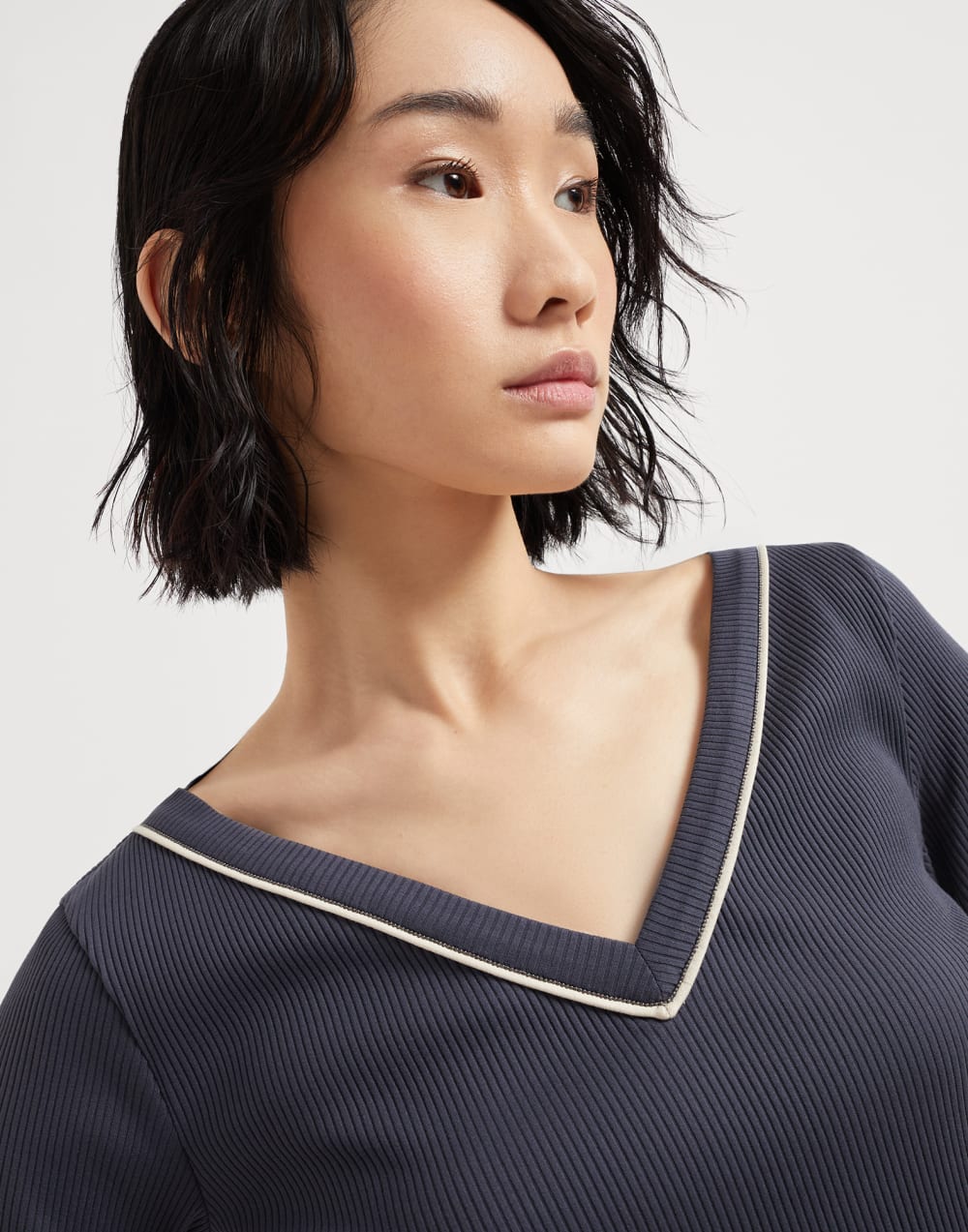 Comfort cotton ribbed jersey T-shirt with shiny piping