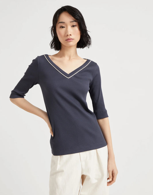 Comfort cotton ribbed jersey T-shirt with shiny piping