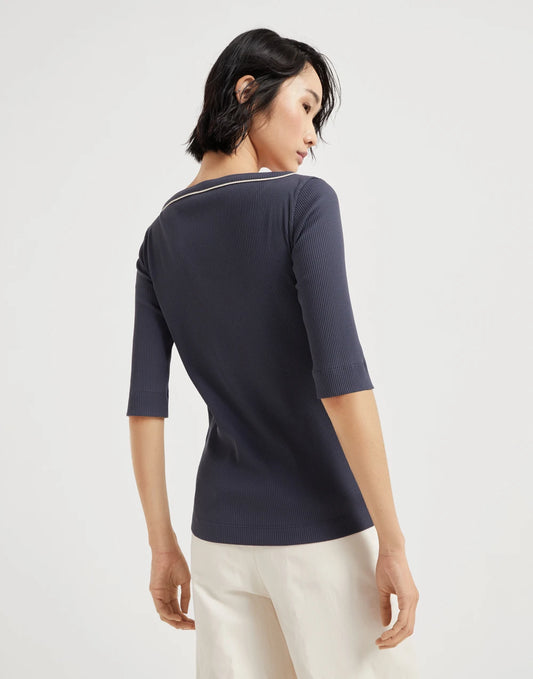 Comfort cotton ribbed jersey T-shirt with shiny piping