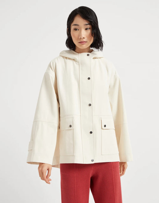 Water-resistant cotton canvas hooded outerwear jacket with heat-bonded seams and shiny zipper pull