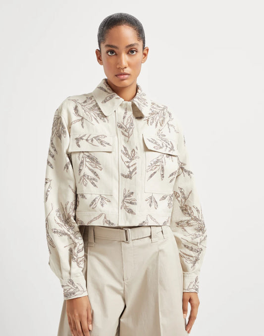 Cotton and linen canvas outerwear jacket with glistening flora embroidery