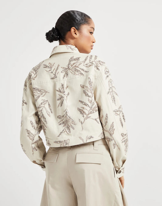 Cotton and linen canvas outerwear jacket with glistening flora embroidery