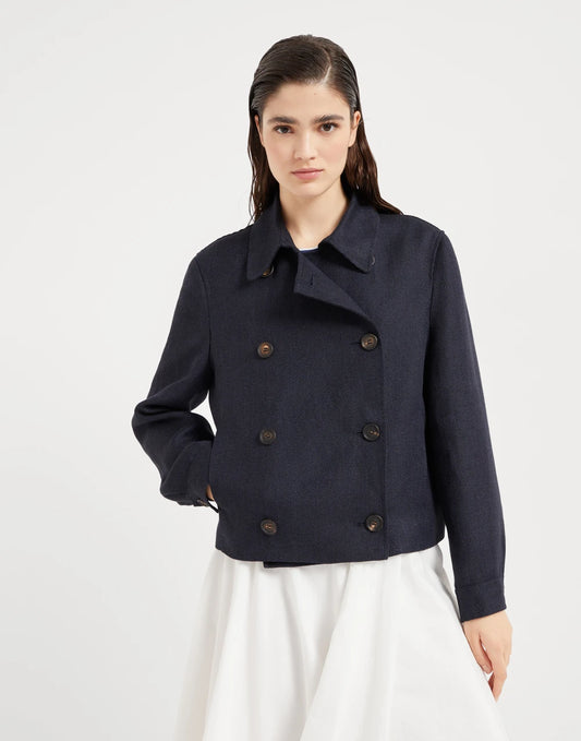 Linen cover cropped pea coat with monili