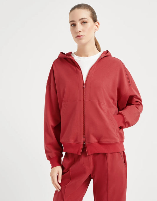 Stretch cotton lightweight French terry hooded sweatshirt with zipper and shiny trims