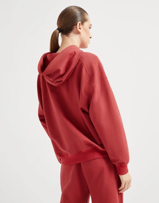 Stretch cotton lightweight French terry hooded sweatshirt with zipper and shiny trims