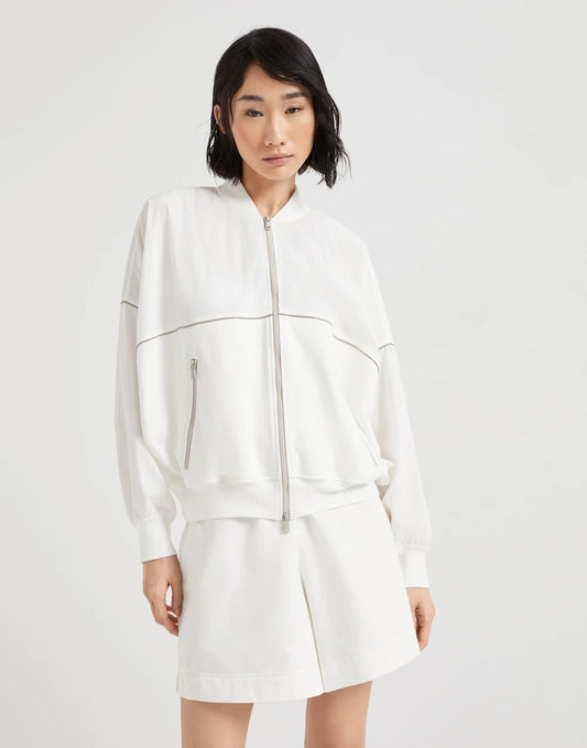 Paneled sweatshirt in cotton French terry and viscose wrinkled poplin with zipper and shiny trims