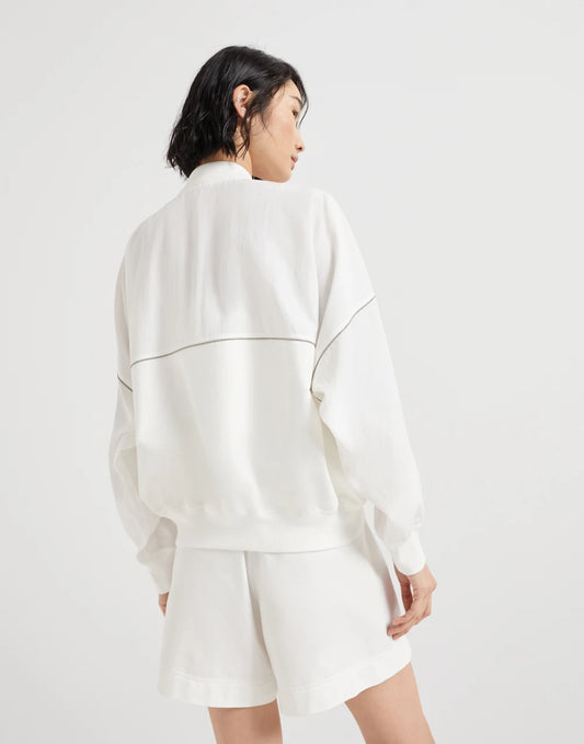 Paneled sweatshirt in cotton French terry and viscose wrinkled poplin with zipper and shiny trims