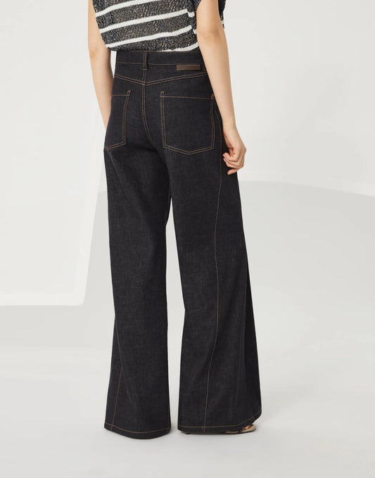 No-fade denim loose flared trousers with monili