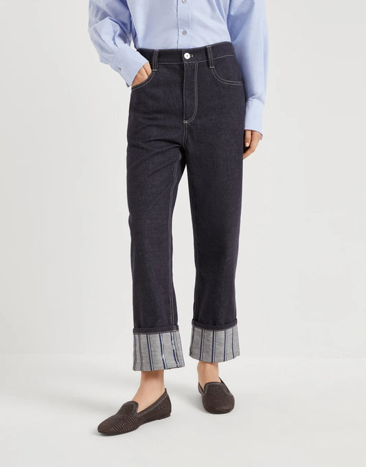 No-fade denim cropped trousers with dazzling regimental embroidery
